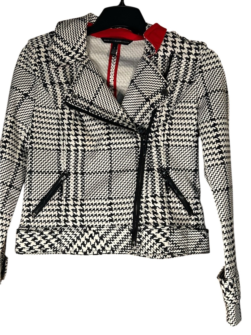 White House Black Market Size 2 Houndstooth Plaid Moto Jacket Black White